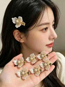 5pcs/10pcs Jepit Rambut Bunga Mutiara Imitasi & Berlian Imitasi, Jepit Rambut Paruh Bebek Emas Mewah, Aksesori untuk Menata Poni & Rambut yang Berantakan, Dekorasi Rambut Serbaguna Cocok untuk Pemakaian Sehari-hari, Pesta, dan Pemotretan, Jepit Rambut, Penjepit Rambut - MultiWarna - View 1