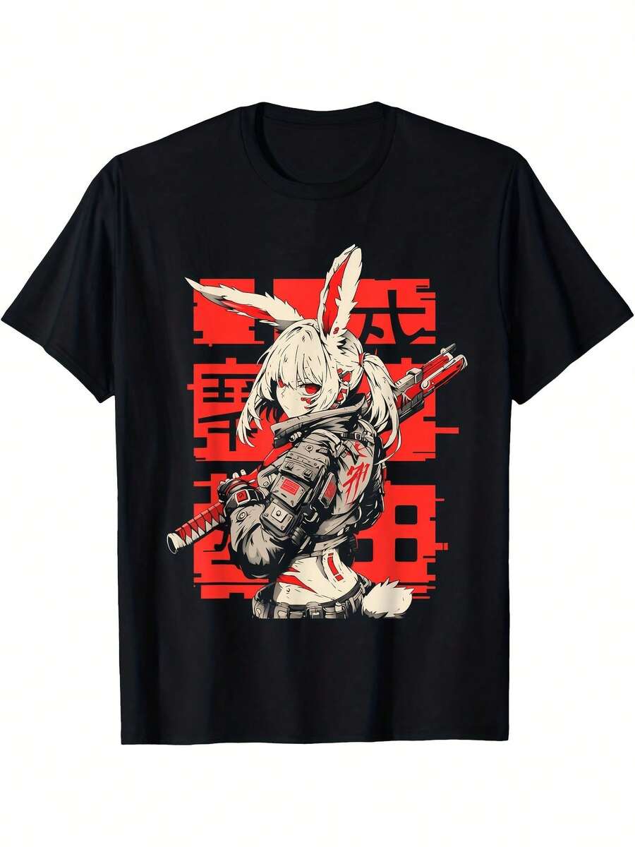Camiseta con estampado gráfico, de manga corta y cuello redondo, top casual para verano y primavera, ropa de mujer - Negro - Ver 1