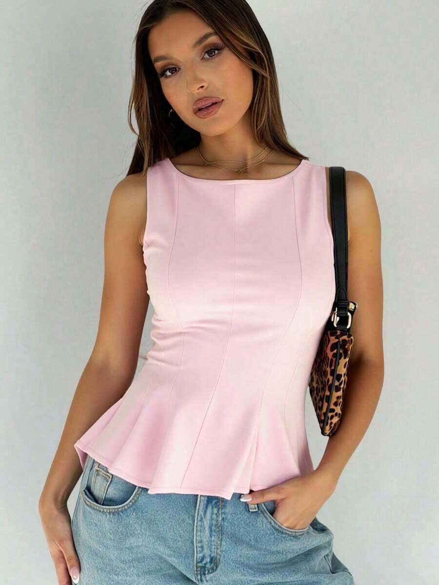 1 pieza Blusa de punto con volantes en el bajo, Uso casual de verano en color rosa - Rosa - Ver 1