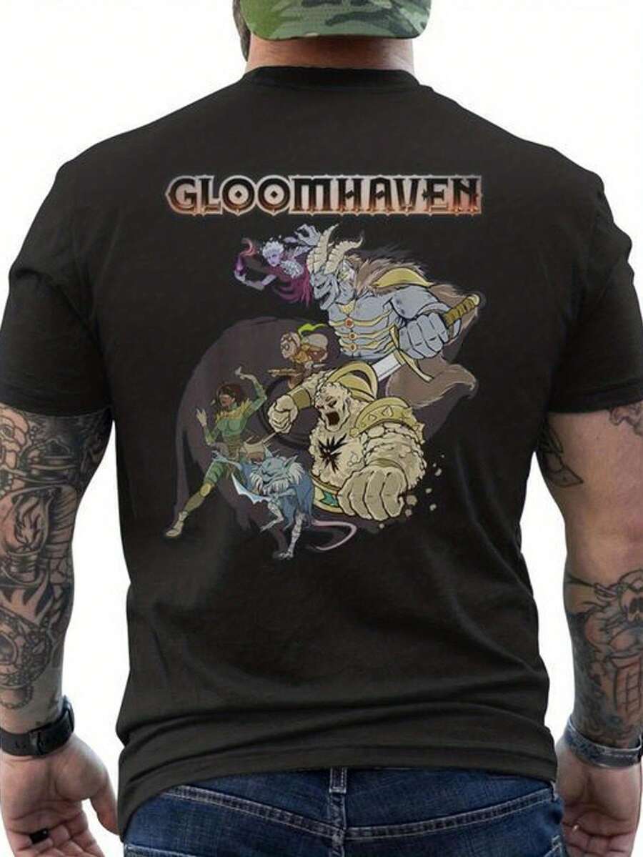 Men's Gloomhaven "The Starting Six" T-Shirt With Fantasy Game Character Print On The Back - Breathable Short-Sleeved Crew Neck T-Shirt With Gloomhaven Map And Character Design, Ideal For Casual Wear And Tabletop RPG Fans - Comfortable Fit For All Seasons, Loose And Comfortable For Summer. - Black - View 1