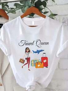 Camiseta de Mujer Estampada para Viaje, Camisetas de Verano Casuales de Manga Corta y Cuello Redondo para Mujer - Estilo Urbano Vintage, Camiseta Unisex Holgada de Algodón 100% Puro - Blanco - Ver 1