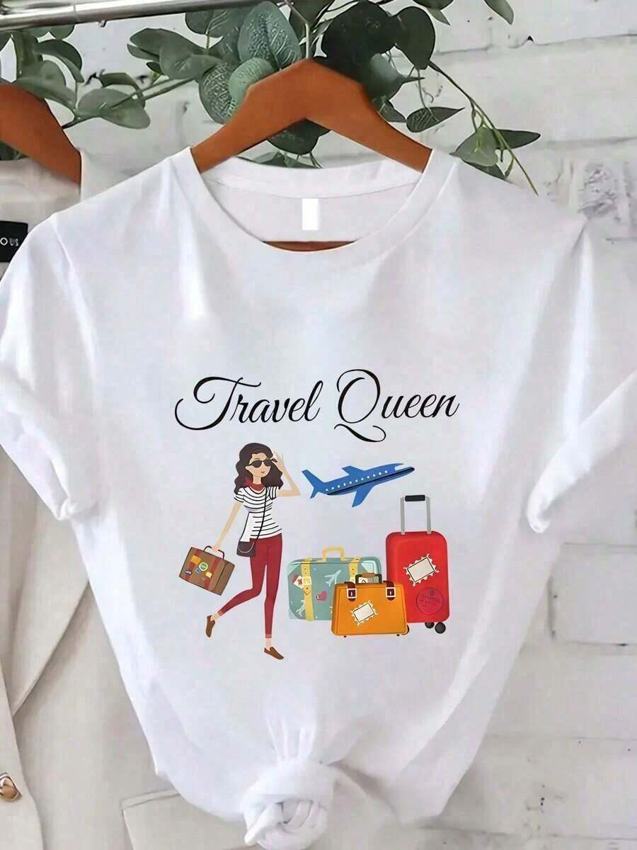 Camiseta de Mujer Estampada para Viaje, Camisetas de Verano Casuales de Manga Corta y Cuello Redondo para Mujer - Estilo Urbano Vintage, Camiseta Unisex Holgada de Algodón 100% Puro - Blanco - Ver 1