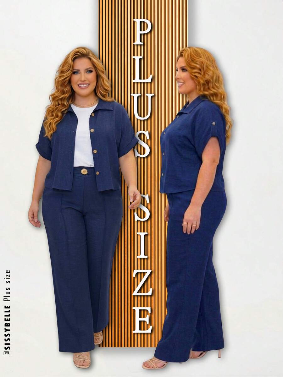 Women's Plus Size Casual Shirt And Pants Set - Navy Blue - View 1