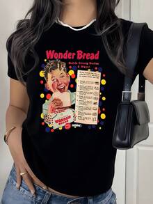 Colorful Retro Bread With Red, Yellow, And Blue Dots That Evoke Energy And Joy, Showing The Importance Of Daily Nutrition And Physical Well-Being. Comfortable, Modern, Casual Women's T-Shirt For Everyday Wear. - 黑色 - 查看 8