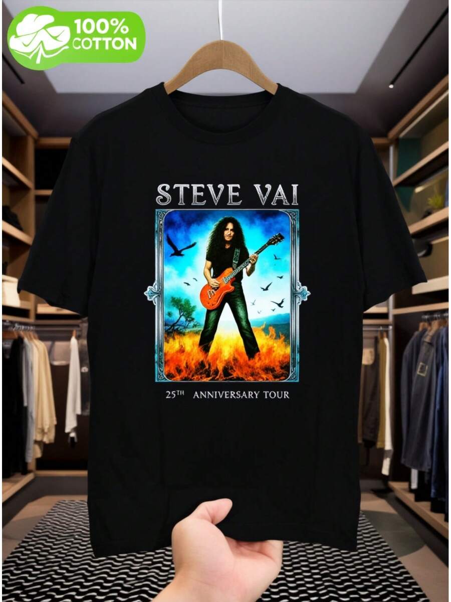 1pc QINWANXIANG Steve Vai 25Th Anniversary Men's-Shirt Black Unisex Shirt-% Cotton- Crew Neck- Short Sleeve - Black - View 1