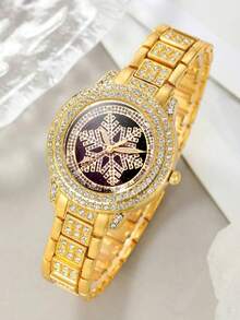 2pcs Fashion Rhinestone Stainless Steel Quartz Watch & Bracelet Set For Women - Gold - View 2