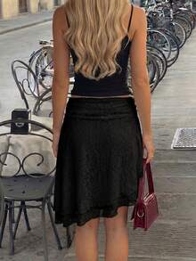 Women's French Retro White Heavy Lace High Waist Asymmetrical Ruffle Hem A-Line Midi Skirt, Spring/Summer - Black - View 4