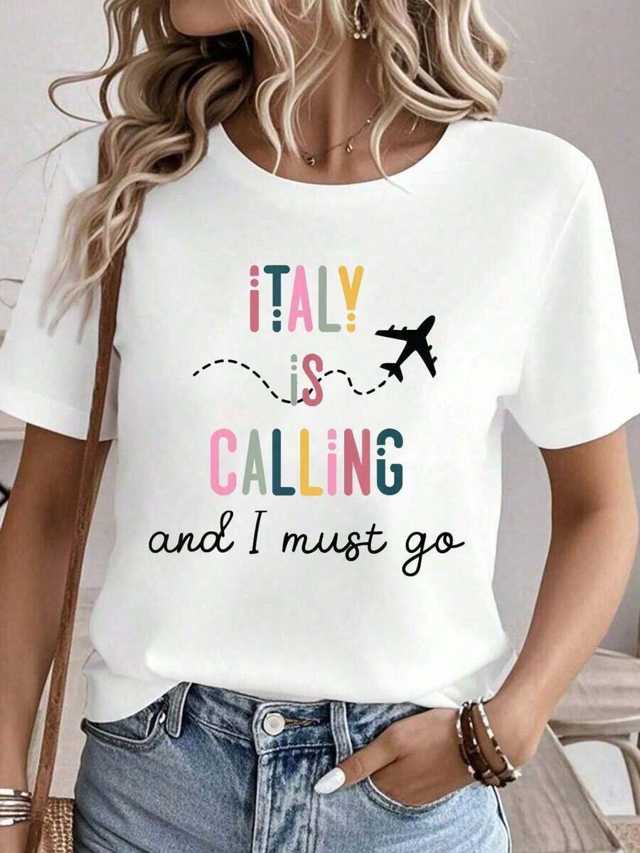 Tops de mujer Italy Is Calling And I Must Go Camiseta divertida de viaje Love Italy Camisetas gráficas para mujer Tops de verano Camiseta de cuello redondo 100% algodón Ropa para mujer Conjuntos para mujer Ropa de otoño para mujer Tops para mujer Camiseta blanca Tops de verano - Blanco - Ver 1