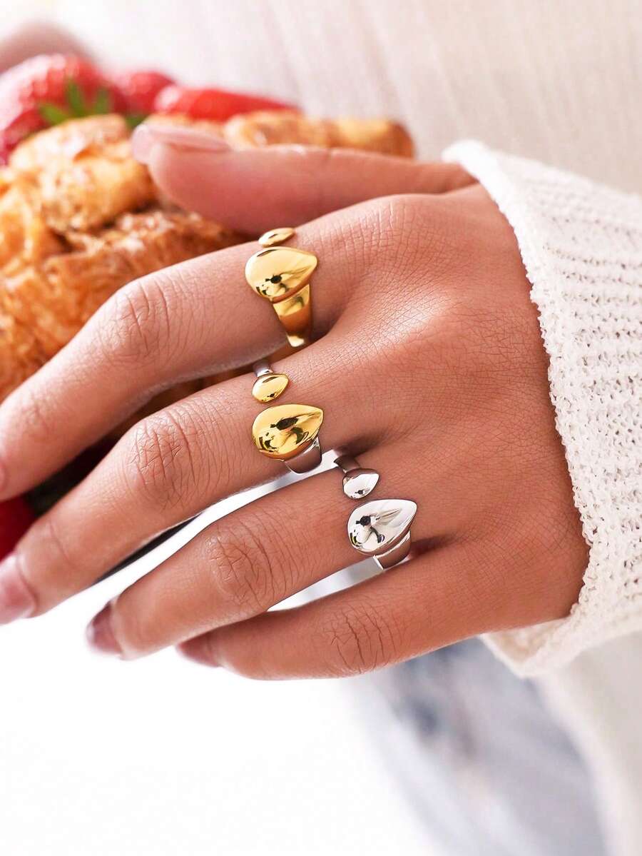 Uself 3 pezzi/1 pezzo Set di anelli a goccia asimmetrici placcati in oro 18K in acciaio inossidabile 304, anelli con apertura irregolare lucidati, adatti per uso quotidiano, feste, regali per le vacanze per le donne, gioielleria da donna, gioielleria occidentale, marchio da donna