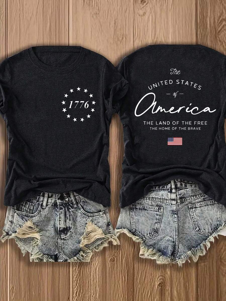 Women's Short-Sleeved Crew Neck T-Shirt, European And American Style, Lightweight And Breathable, With An American-Inspired Design Featuring 1776 Motifs And The National Flag, Suitable For Casual Autumn Wear, A Fashionable And Comfortable Printed Blouse, Versatile And Urban Style - Breathable And Skin-Friendly. - 黑色 - 查看 1