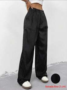 Striped Tailored Wide Leg Pants - Negro - Ver 2