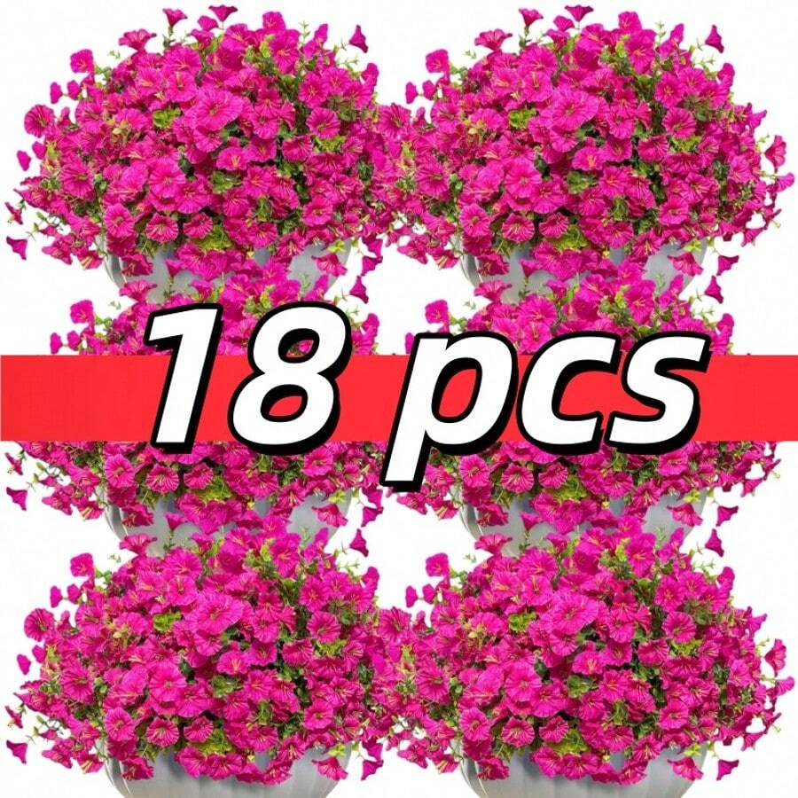 18 pièces Fleurs artificielles de volubilis pour la décoration de printemps et d'été, plantes factices bicolores violettes, convient pour la décoration intérieure et extérieure/arrangement extérieur, cour, jardin, mariage, hôtel et magasin, fête des mères, etc. Fleurs en soie résistantes aux UV pour jardinières d'extérieur, porche, patio - Rose vif - Voir 1