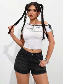 Short de mezclilla azul oscuro con bolsillos para mujer, verano - Negro - Ver 1
