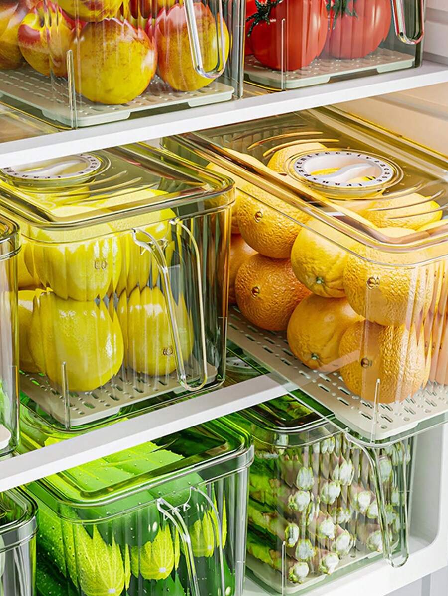 1个冰箱食品储物盒,PET材质厨房沥水篮,大容量透明冷冻食品盒带提手 - 無色 - 查看 1
