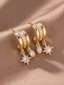 1 Pair Versatile Earrings For Women, Gold-Plated C-Shaped Octagonal Star Oval Zirconia Stone Niche Design Luxury Jewelry, Suitable For Dates, Parties, Work, And Daily Wear - Multicolor - View 3