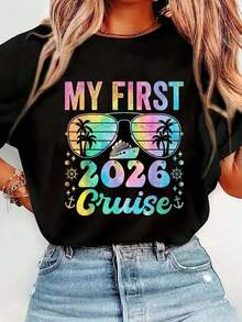 1 pieza Camiseta Negra con Estampado de Barco de Crucero "Mi Primer Crucero 2026", Camiseta Casual de Algodón, Tejido de Punto de Elasticidad Media, Corte Regular para Mujeres, para Primavera/Verano/Otoño, Vida Cotidiana, Crucero, Día de la Madre, 180g 100% Algodón - Negro - Ver 1