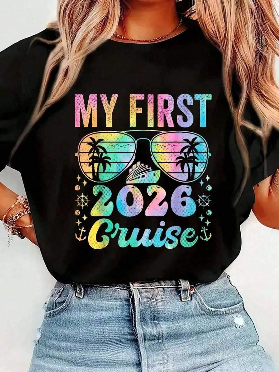 1 pieza Camiseta Negra con Estampado de Barco de Crucero "Mi Primer Crucero 2026", Camiseta Casual de Algodón, Tejido de Punto de Elasticidad Media, Corte Regular para Mujeres, para Primavera/Verano/Otoño, Vida Cotidiana, Crucero, Día de la Madre, 180g 100% Algodón - Negro - Ver 1