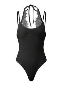 Women's Tight Thong Bodysuit Elegant Lace Patchwork Sleeveless Spaghetti Strap Backless Romper - Negro - Ver 6