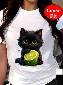 Camiseta de manga corta con cuello redondo y estampado de gato y lima, top casual para primavera y verano, ropa de mujer de talla grande, camiseta cómoda de algodón. - Blanco - Ver 6