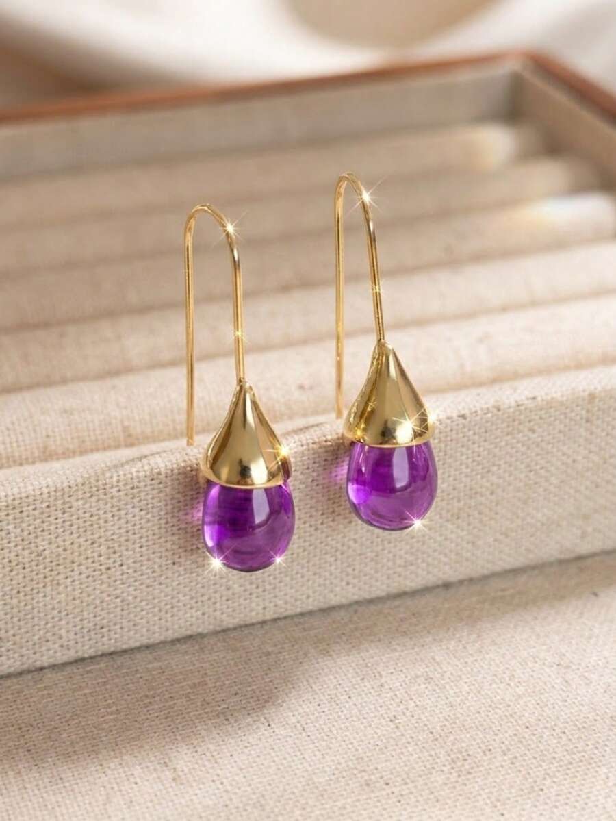 1 Pasang Anting-Anting Vintage Ungu Berbentuk Tetesan Air Mata, Anting-Anting Desain Unik dan Elegan untuk Wanita - Purple - View 1