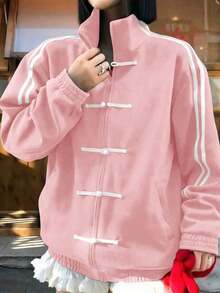 Cárdigan de punto negro de moda para mujer, de manga larga, con detalle de rayas laterales, forro cálido, longitud regular para primavera - Rosa Pálido - Ver 3