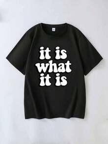 1 pieza de camiseta de manga corta con estampado de letras para mujer, moderna y casual, adecuada para uso diario, fiestas, escuela, asistir a festivales de música, vacaciones, y para ir al trabajo. Puede ser regalado a familiares, novios, novias, amigos, niñas. Ropa de verano negra de 180g 100% algodón, los diseños están completamente impresos. Unisexo. - Negro - Ver 4