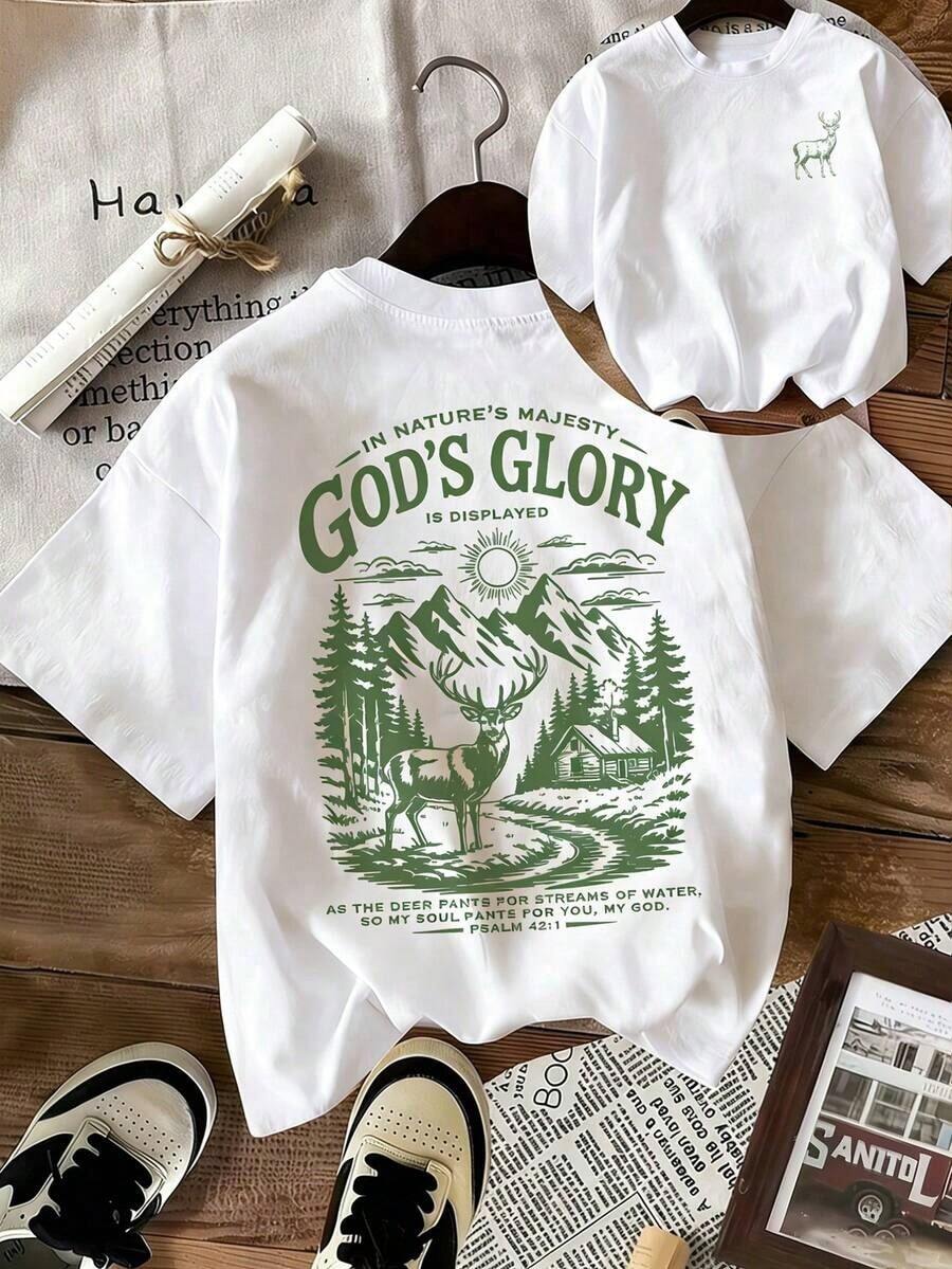 Camiseta Oversize de Fe Cristiana para Mujer, Cómoda Camiseta de Cuello Redondo con Gráfico de Ciervo de Montaña y la Frase "Gloria de Dios" y Versículo del Salmo 42:1, Ropa Urbana de Estética Religiosa Viral en , Ideal para Iglesia, Senderismo, Reuniones Familiares y Uso Diario Casual de Verano. - Blanco - Ver 1