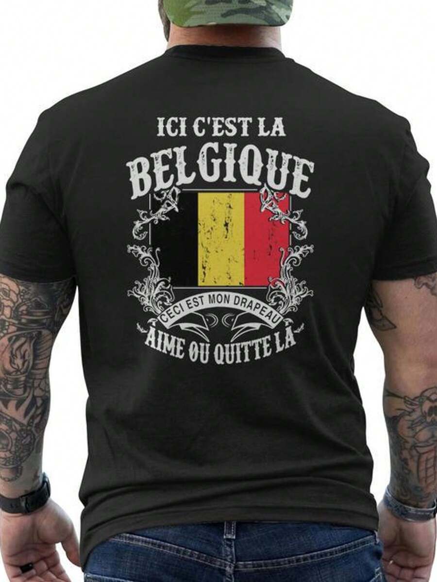 T-Shirt Printed On The Back With "Here Is Belgium" Featuring The Belgian Flag And Slogans - Men's T-Shirt - 100% Cotton - Crew Neck - Comfortable And Breathable Fabric - Short-Sleeved T-Shirt - Men's T-Shirt - 100% Cotton - Crew Neck - Comfortable And Breathable Fabric - Loose And Comfortable For Summer. - Black - View 1