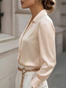 1pc Women's Elegant Satin Long Sleeve Blouse, Solid Color Collared Shirt, Commuting & Office Wear - Apricot - View 4