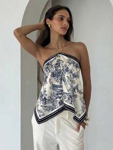 Blusa de mujer elegante con cuello de halter, estampado de tinte anudado y gasa para vacaciones en la playa - Azul marino 2 - Ver 4