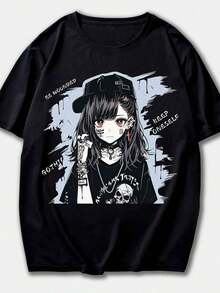 Camiseta de manga corta de algodón 100% para mujer, estilo gótico, grunge, anime, cuello redondo, corte regular, para uso casual. - Negro - Ver 1