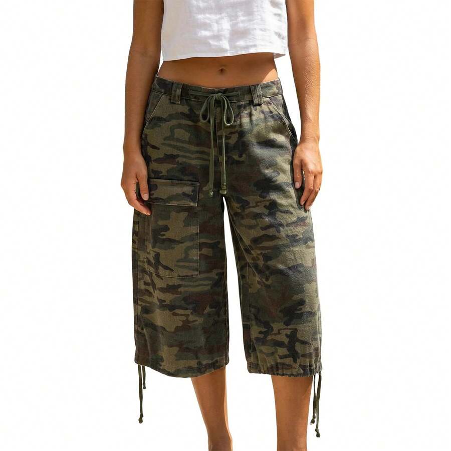 Nueva moda mujer verano pantalones cortos Cargo Casual estampado de camuflaje pantalones cortos sueltos con cordón para Club ropa de calle S-XL - A - Ver 1