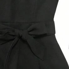 Solid V-Neck Cinched Waist Fitted Jumpsuit With Belt Summer Elegant - Negro - Ver 6
