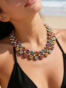 1pc Women's Exaggerated Party Style Colorful Crystal Glass Necklace, Vintage Gold Rim Multi-Color Rhinestone Choker Necklace, Suitable For Beach, Music Festival, Evening Gala - Multicolor - View 3
