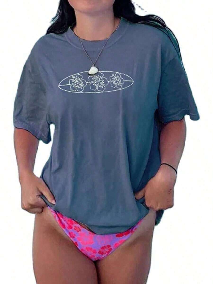 Letter Print T-Shirts For Women, Oversized Graphic Tees For Women And Teens, Y2k Short Sleeve Floral Print Graphic Tees, Aesthetic Summer T-Shirts, Cute And Preppy Women's Clothing For Vacation, Days Off, Everyday Casual Fashion And Versatility. - 夏季上衣 深灰色 - 查看 1
