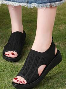 1 Pair Women's Slip-On Beach Sandals With Fabric Texture PU Sole, Wedge Heel, Suitable For Commuting, Casual, Walking - Black - View 16