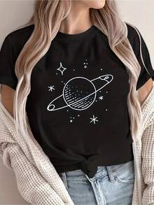 Plus Size Women's Short Sleeve T-Shirt With Celestial Planet Print - Round Neck, Loose Fit, Casual Blouse, A-Line Silhouette For Casual Outfits, Minimalist Top (Hand Washable) - Not Comfortable Cotton T-Shirt. - 黑色 - 查看 1