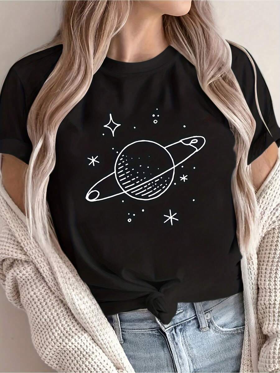 Plus Size Women's Short Sleeve T-Shirt With Celestial Planet Print - Round Neck, Loose Fit, Casual Blouse, A-Line Silhouette For Casual Outfits, Minimalist Top (Hand Washable) - Not Comfortable Cotton T-Shirt. - 黑色 - 查看 1