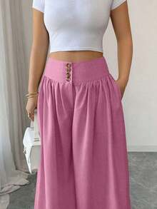 Nuevos pantalones anchos de mujer de estilo casual y elegante con diseño de hebilla floral, color caqui de lino, pantalones largos adecuados para el Día de Acción de Gracias, Halloween, primavera/verano - Rosa Fucsia - Ver 7