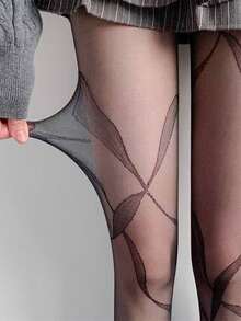 1pc Jacquard Pantyhose For Women, Thin Black Stockings With Criss-Cross Straps, Lightweight For Spring/Summer - Black - View 13