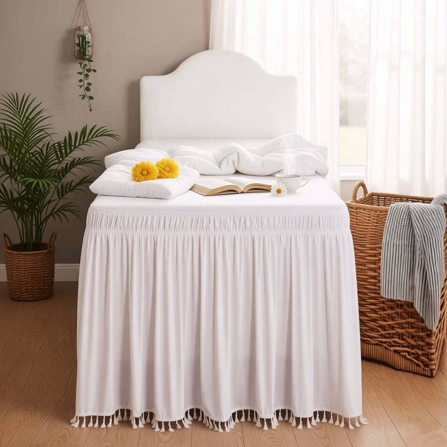 1pc Dorm Bed Skirt With Small Tassels, Adjustable Elastic Band Design, Suitable For Dorm Bedding Set, Customizable Heights: 32", 36", 42", 50" Adjustable Bed Skirt And Box Spring Cover. Soft, Durable, Wrinkle-Resistant Fabric - Made Of Premium Microfiber, Dustproof Pleated Style, Fade-Resistant, Machine Washable. - Small Tassel TwinXL 36" Drop - View 1