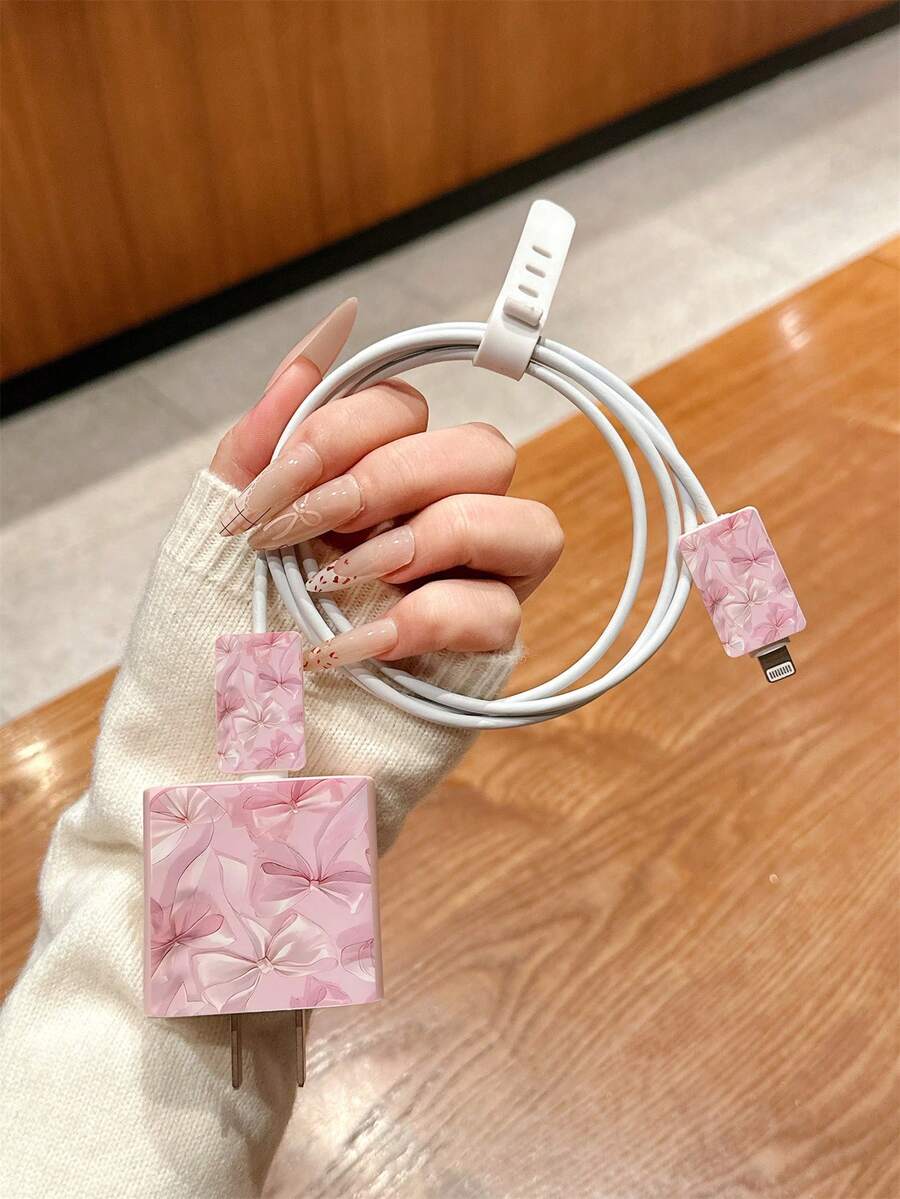 Funda protectora de cable de carga con lazo rosa, compatible con iPhone 16/17, 15 Pro, 14 Pro Max, 13, 12, 11 - Cubierta protectora de datos duradera de TPU - Multicolor - Ver 1