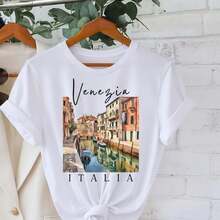 1 pieza de camiseta de algodón para mujer con estampado de acuarela de Venecia, manga corta, cuello redondo, estilo casual, tallas S-5XL, camiseta gráfica negra con escena del canal "Venezia Italia", camiseta de algodón puro suave y transpirable para vacaciones de verano y viajes, 180g 100% algodón. - Blanco - Ver 9