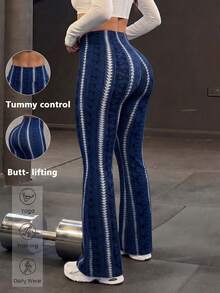 Women's Plus Size Black & Grey Paisley Striped High Waist Flare Leggings, Y2K Streetwear Trousers, Sexy Daily Outfits - 藍色 - 查看 5