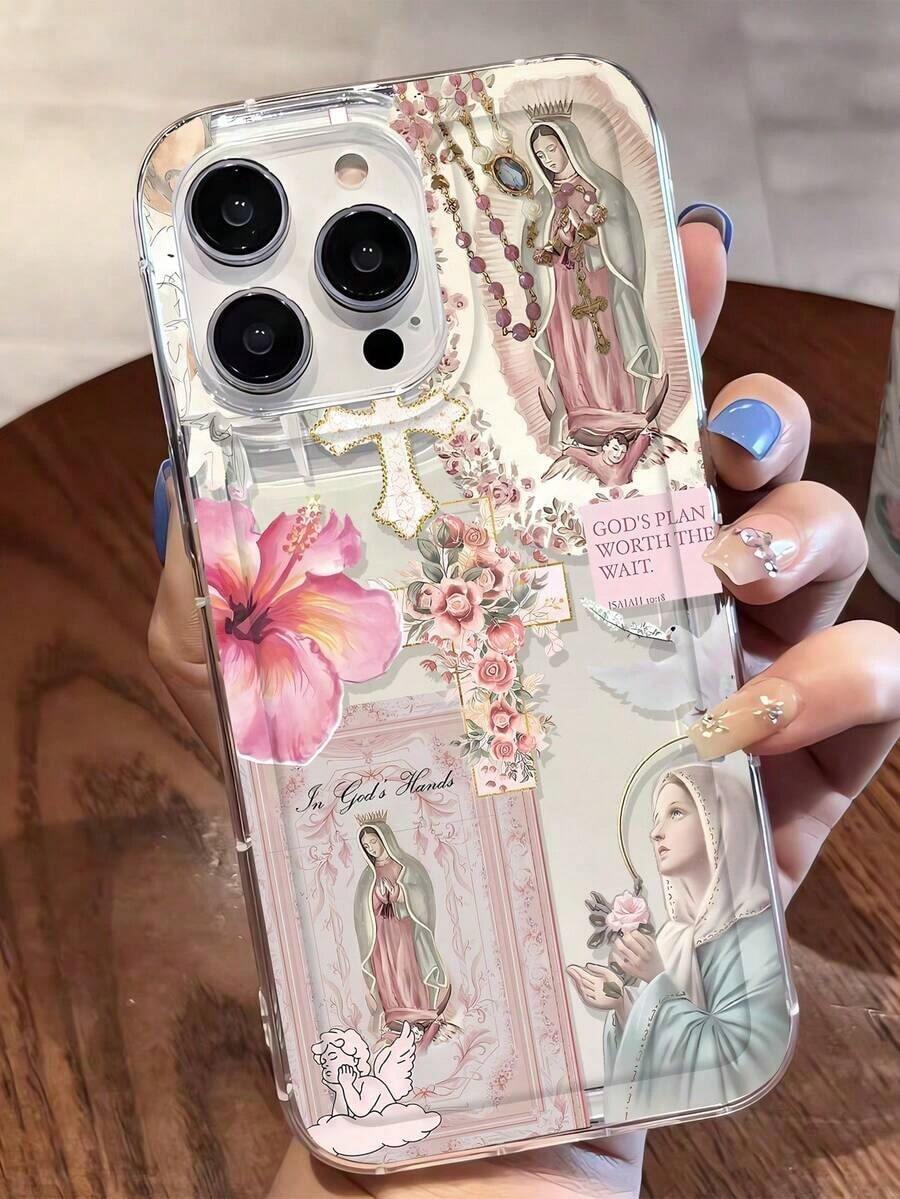 Funda de teléfono de Body completo a prueba de golpes y antihuellas dactilares con diseño gráfico personalizado de elementos de figuras mitológicas religiosas, cruz y Virgen María, patrón estético transparente de TPU compatible con iPhone 16 Pro/16 Plus, 15/15 Pro Max/15 Pro, 11/12/13/14 Pro Max, 11 Pro/11 Pro Max, 12 Pro/12 Pro Max, 13 Pro/13 Pro Max, 14 Pro/14 Pro Max, carcasa blanda, diseño creativo de alta gama, 1 pieza, regalo de Pascua, cumpleaños, primavera - Estilo 2 (1 pieza) - Ver 1