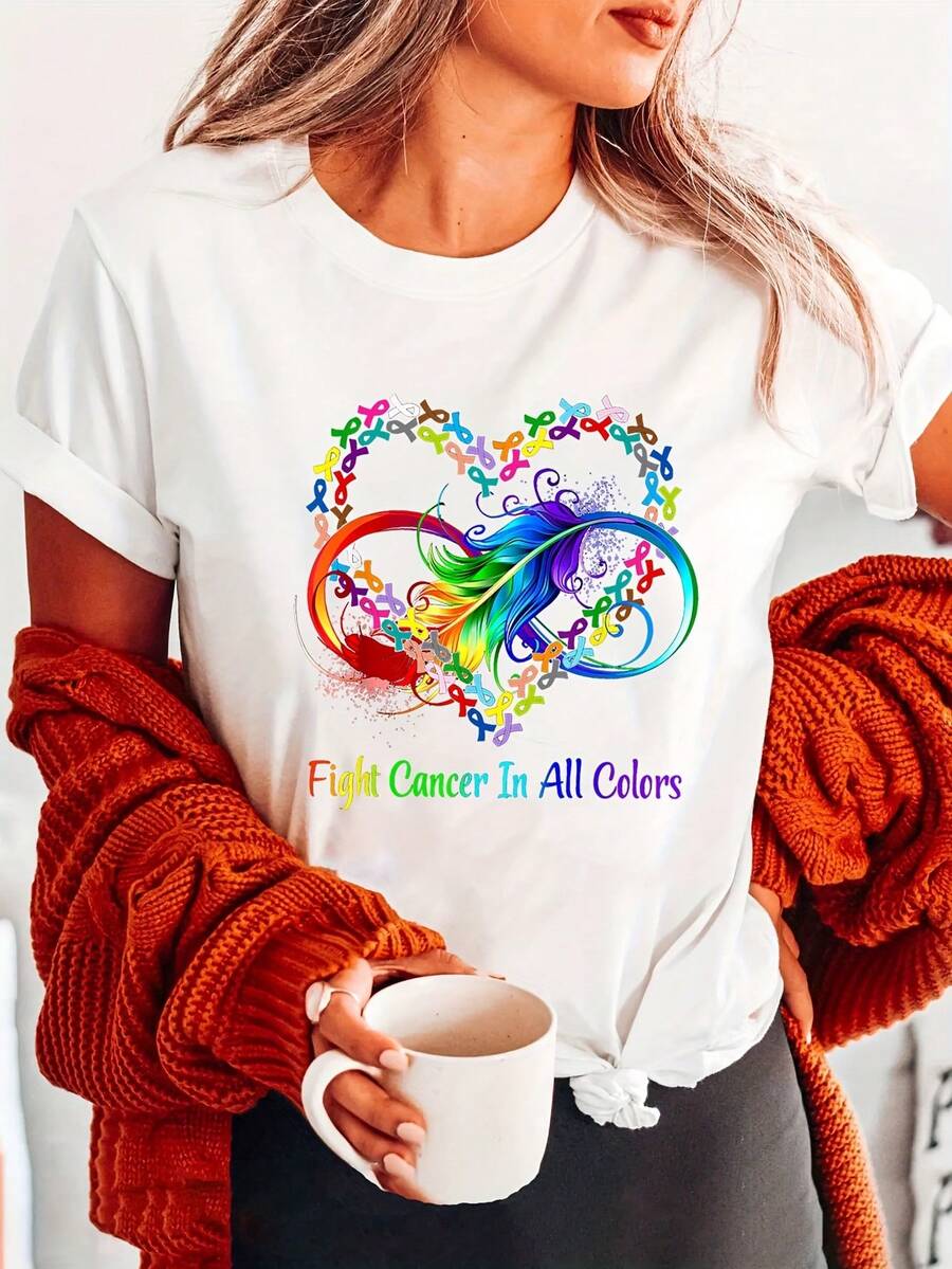 Camiseta estampada con temática del cáncer para mujer - Camiseta casual de manga corta y cuello redondo, decorada con un patrón de la cinta del cáncer, material semitransparente adecuado para uso diario, eventos benéficos y atuendos cotidianos, lavable a máquina (incluye logotipo chino y el título "El cáncer es terrible"), 100% algodón. - Blanco - Ver 1