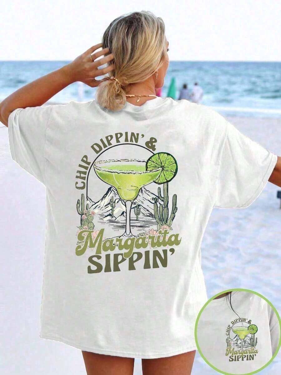 Retro Margarita Design T-Shirt, 5th Anniversary Celebration. Never, Mexico, Funny Drinking Tee, Women's Summer Tee, "Chip-Dippin-Margarita-Sippin," Spring Break Tee, Summer Tee - White - View 1