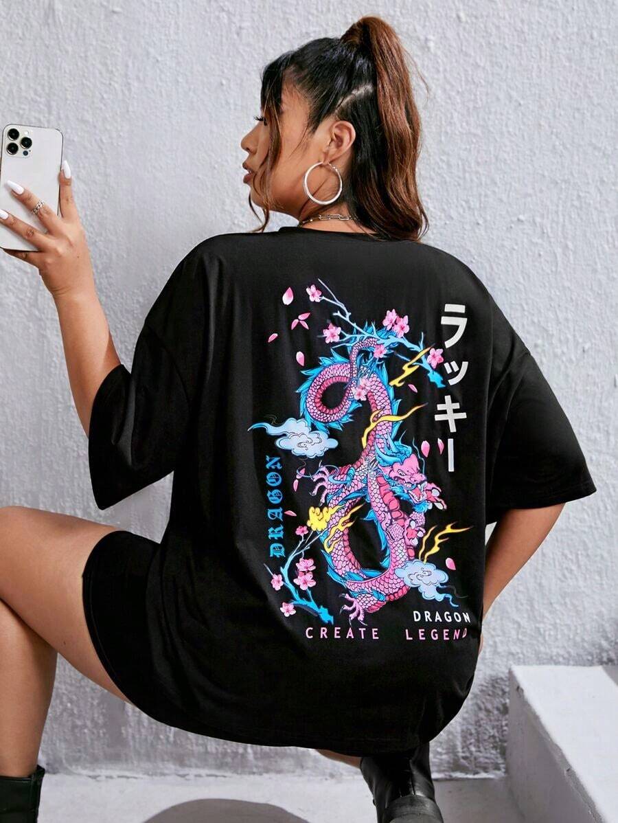 Camiseta para Mujer con Estampado Japonés y Dragón, Cuello Redondo, Manga Corta, Diseño Casual - Blanco - Ver 1