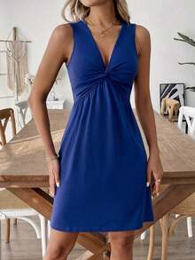 Vestido corto de verano sin mangas, de color liso y con torsión, de estilo casual - Azul - Ver 6