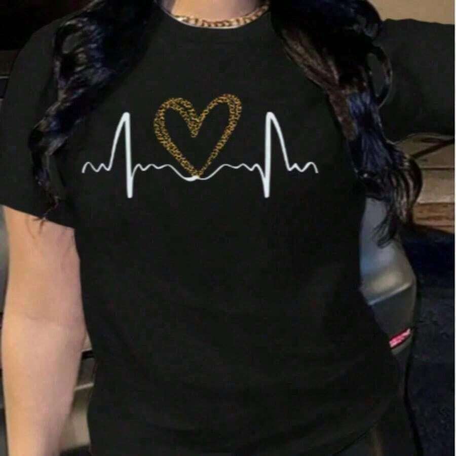 Camiseta con estampado de Corazon  Casual    Poliéster    Ninguno    moda para mujer  Casa    primavera verano - Negro - Ver 1